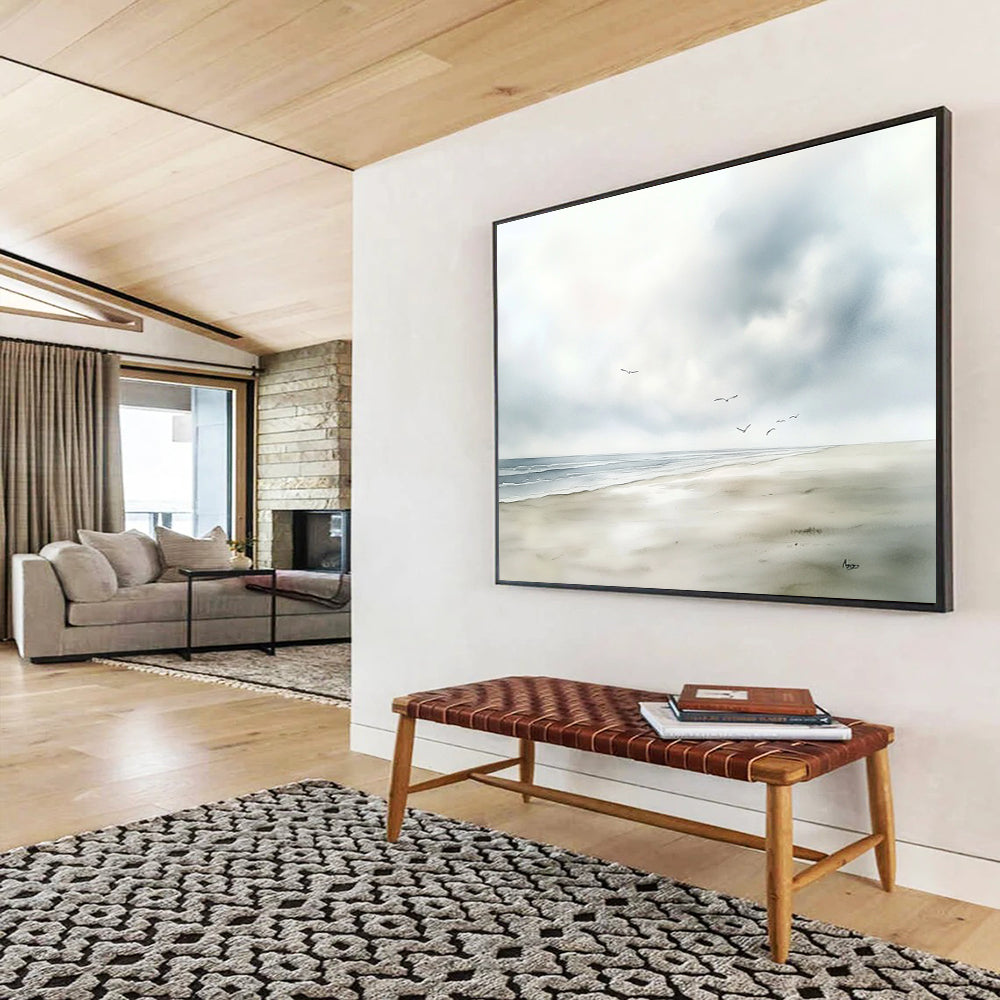 Seaside with Birds Watercolor Abstract Painting with Soft Blues and Grays DYP613