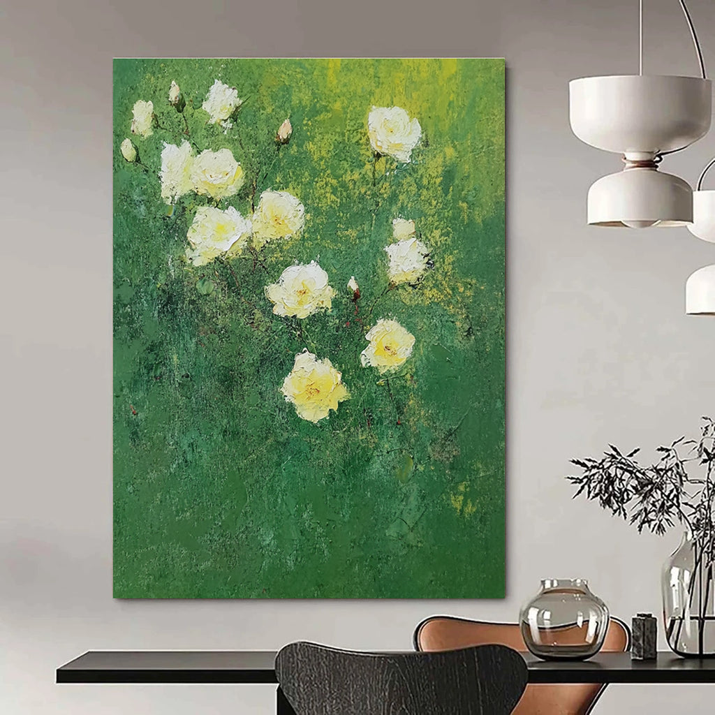 Large abstract painting of white roses on green background featuring bold brush strokes in impressionist style with green and yellow hues.STSC1152