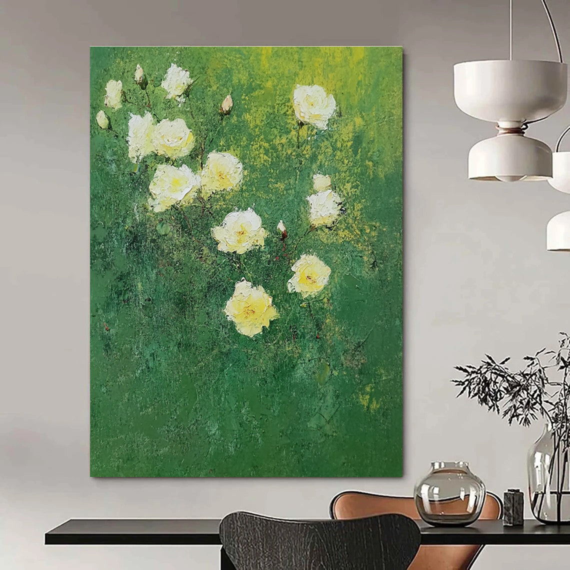 Large abstract painting of white roses on green background featuring bold brush strokes in impressionist style with green and yellow hues.STSC1152