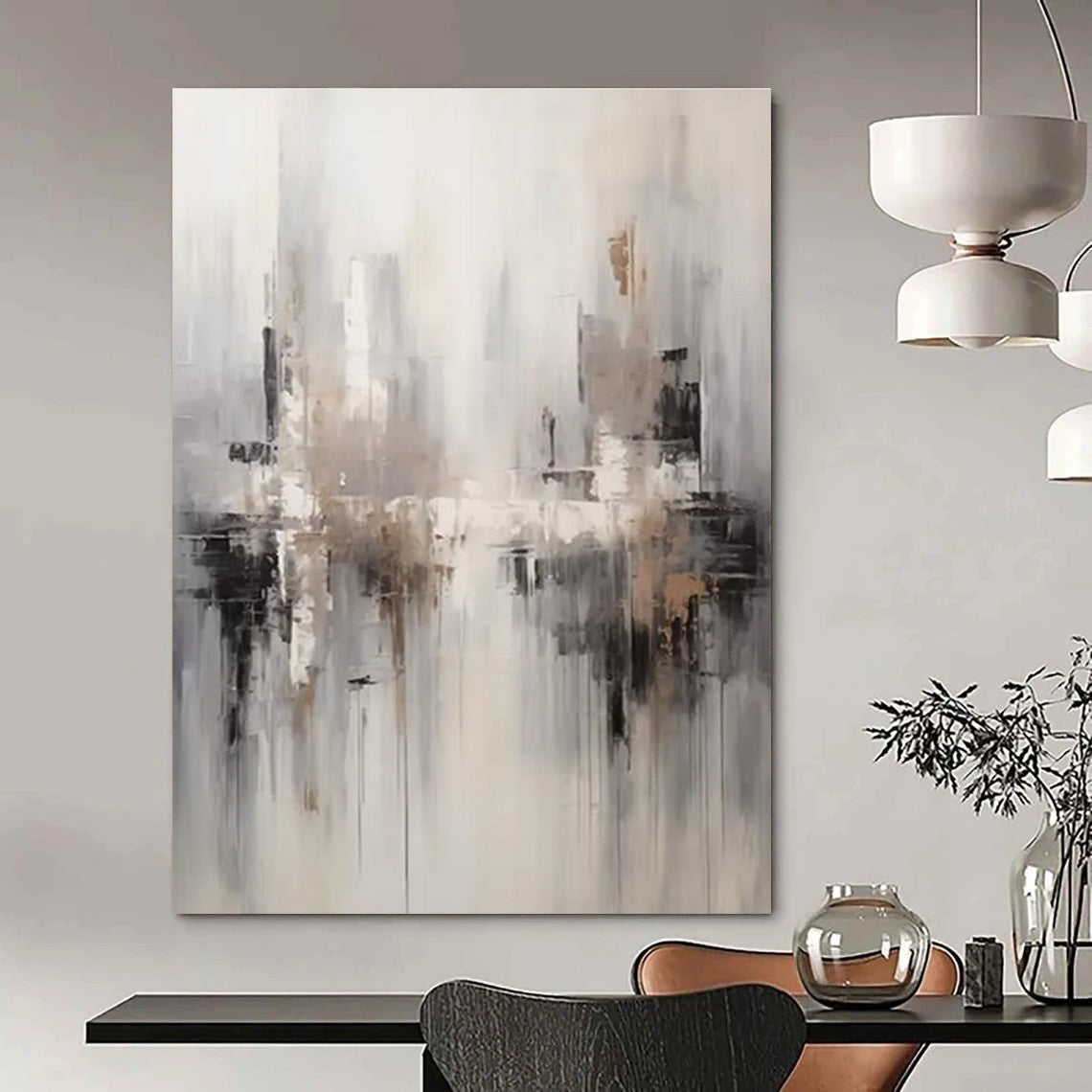 Monochromatic Cityscape Abstract Painting with Gray and Beige ADGE122