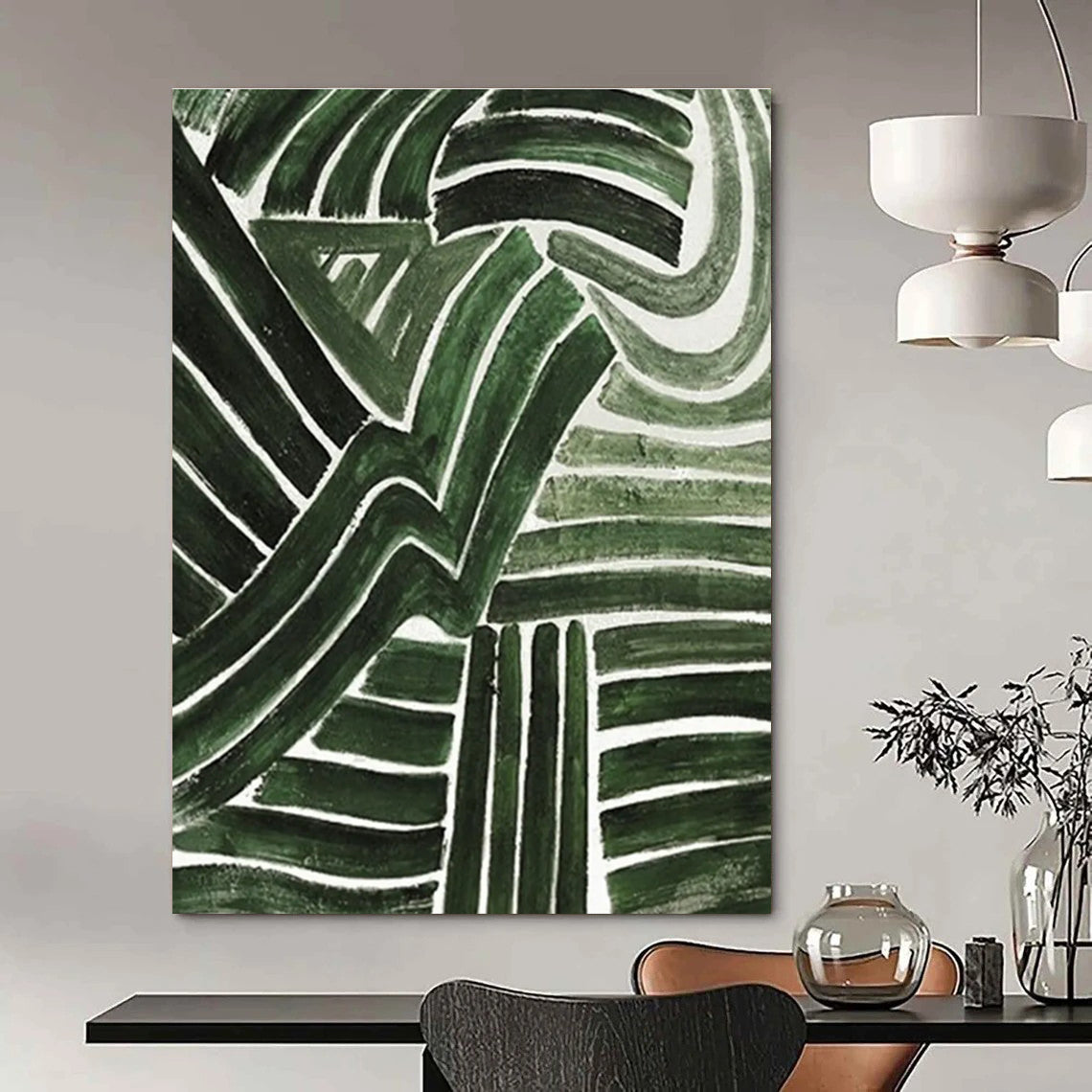 Green Curved Lines Abstract Painting with White Background ADGE492