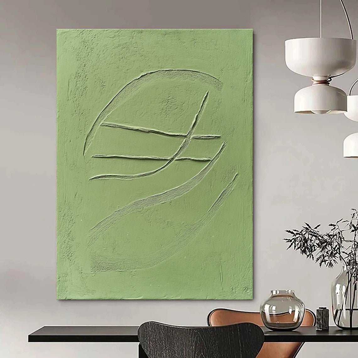 Abstract art featuring a smooth green clay tile with embossed three curved lines against a solid green background.STSC1010