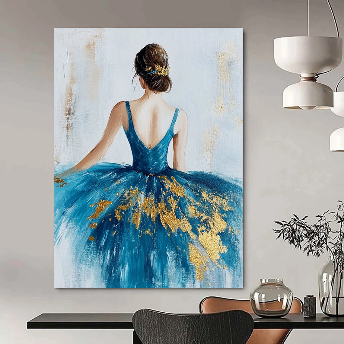 Large abstract painting of a ballerina in a blue dress with gold leaf on a textured white canvas background.STSC155