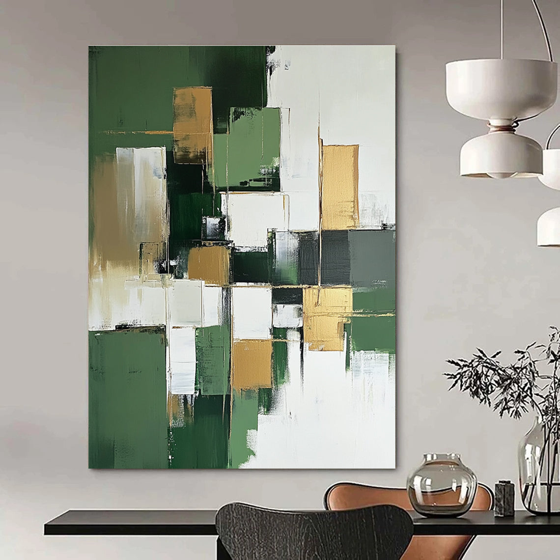 Large abstract painting in green and white with minimalist gold accents creating a striking focal point for any space.STSC611