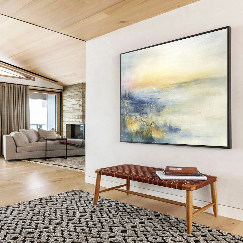 Large abstract oil painting featuring a misty coastal landscape in muted pastel colors inspired by Zao Wou-Ki.SC116