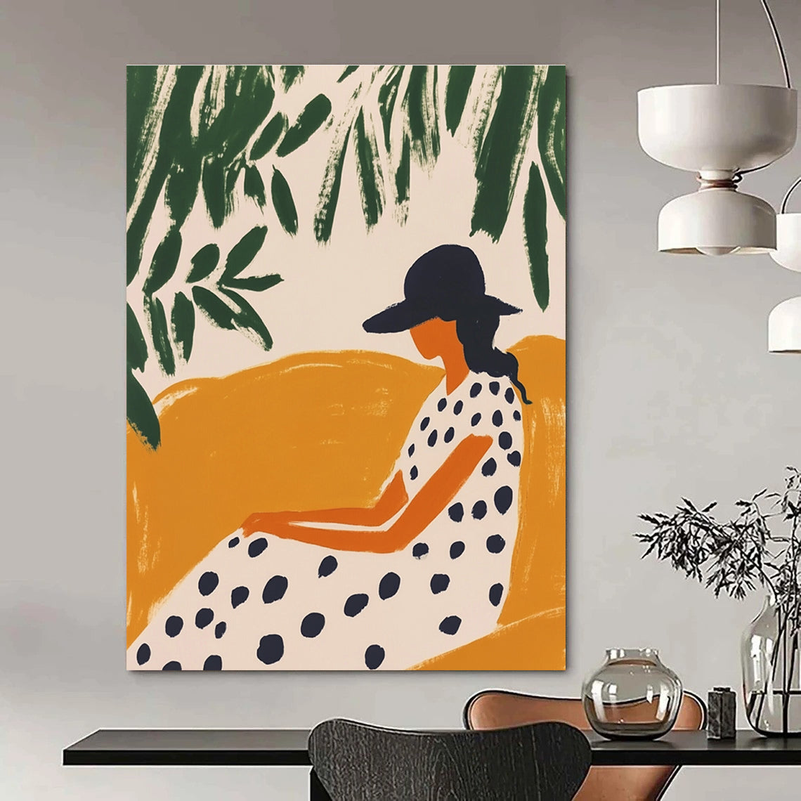 Large abstract artwork featuring a woman on a chaise lounge with minimalistic shapes and greenery on a white background in Matisse style.STSC1263