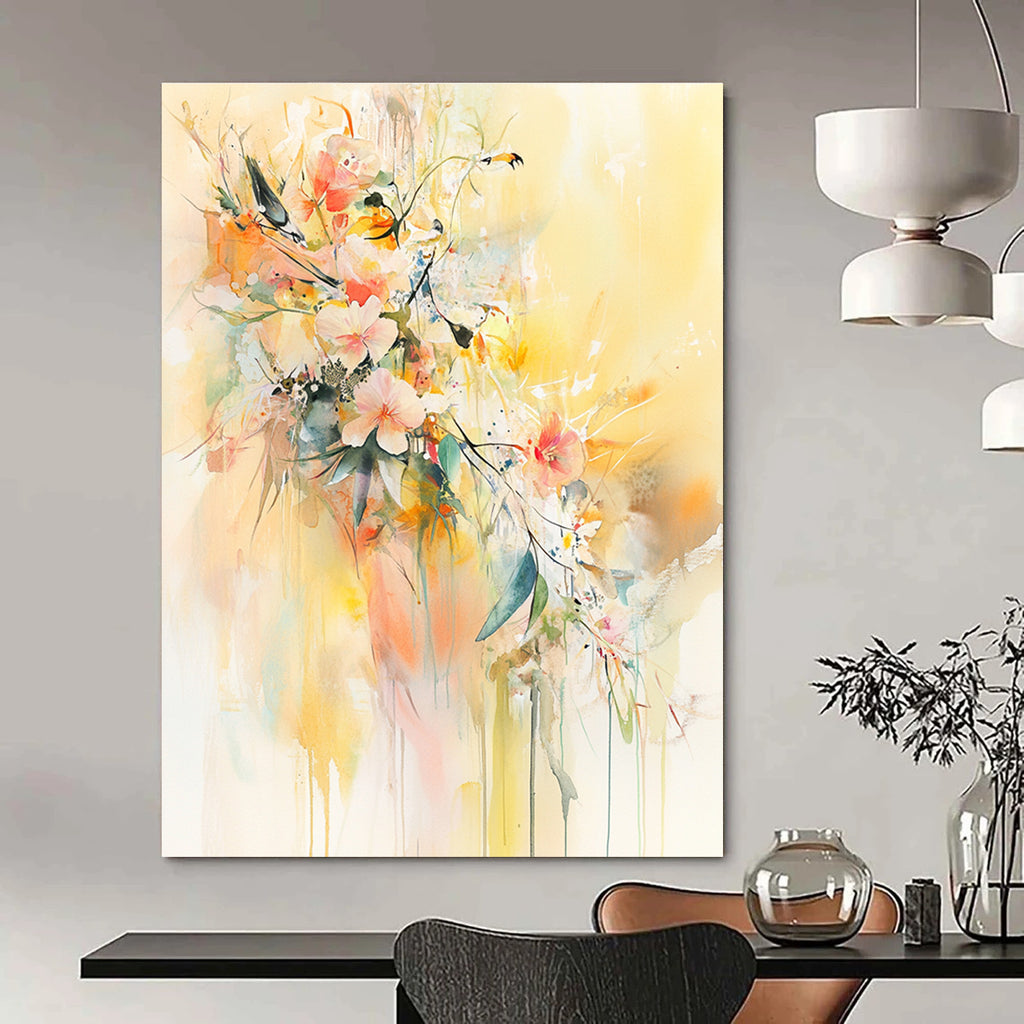Large abstract watercolor painting featuring flowers and leaves with delicate birds on a light yellow background in soft pastel tones.STSC501