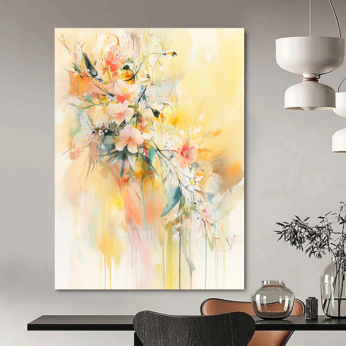 Large abstract watercolor painting featuring flowers and leaves with delicate birds on a light yellow background in soft pastel tones.STSC501