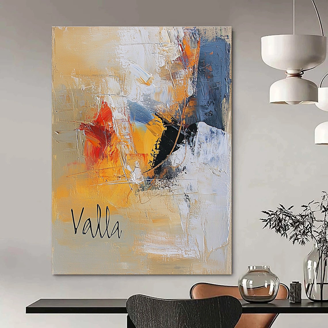 Large abstract oil painting in warm beige and cool whites features cursive "Valla" with textured brushstrokes and two happy figures in black attire.STSC580