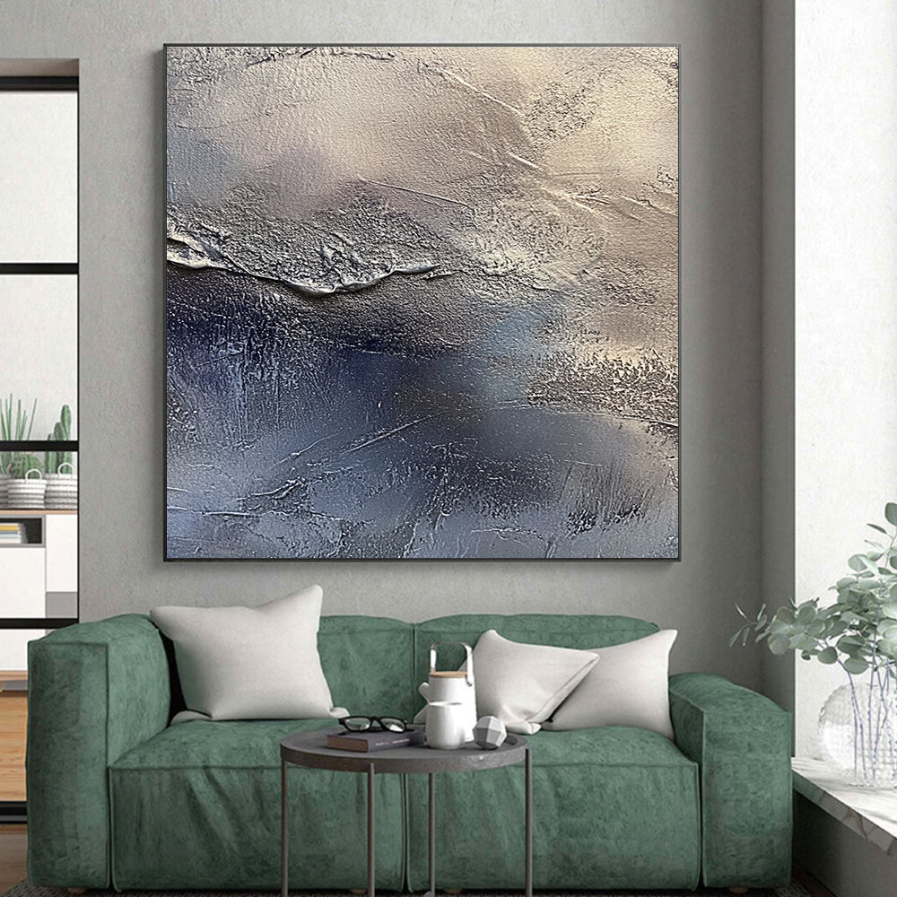 Silver and Blue Textured Abstract Painting with Metallic Tones GER066