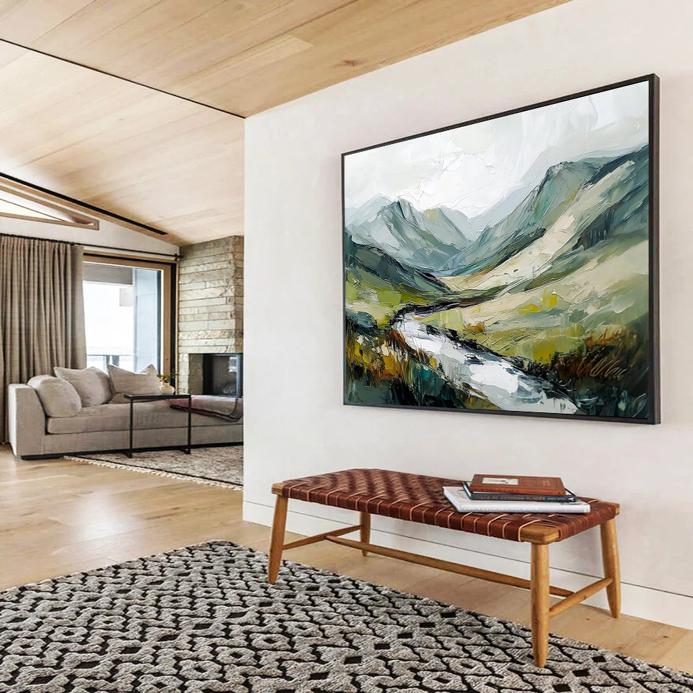 Large abstract painting of an Irish landscape with green and gray mountains flowing river and textured brush strokes against a white sky.SC596