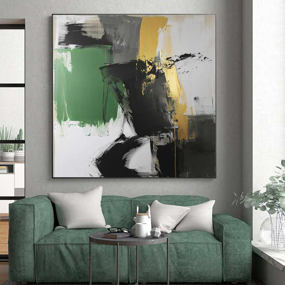Black Green and Gold Abstract Painting with Bold Contrasts GER527