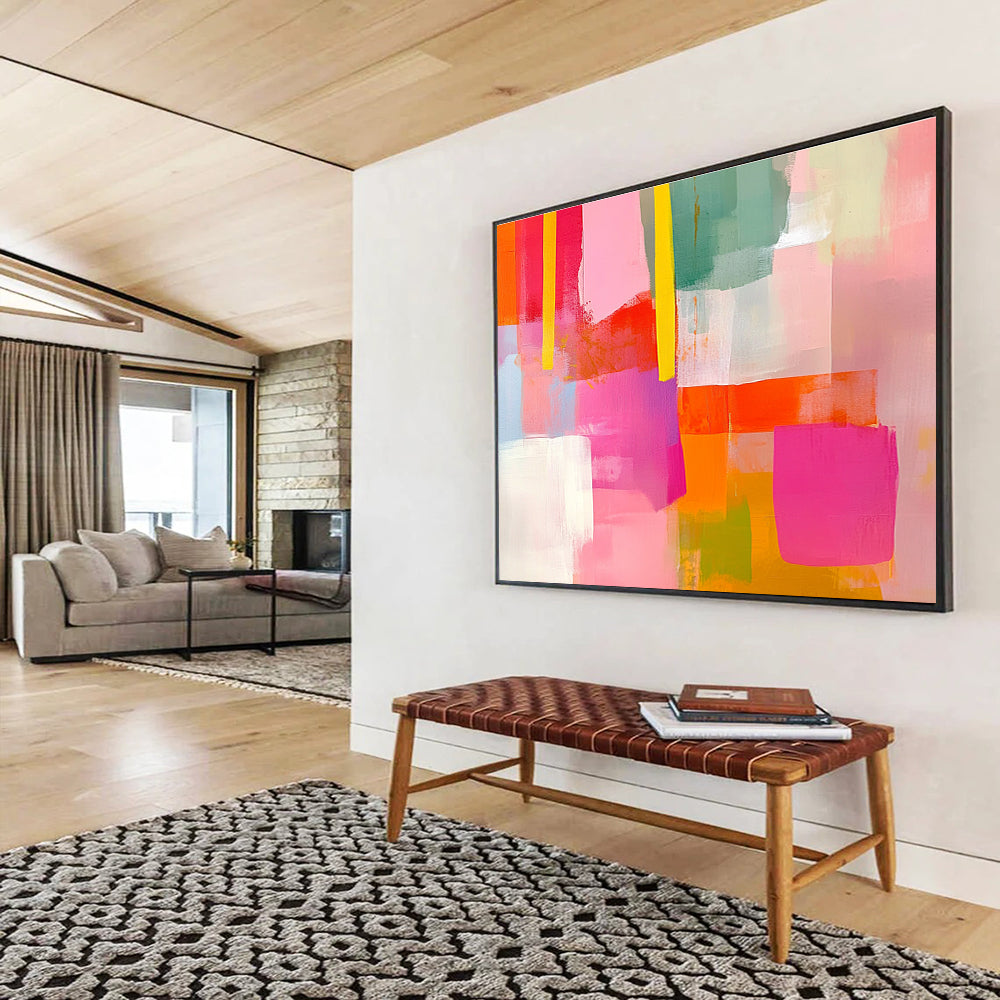 Extraordinarily vibrant abstract painting with soft pink and bright orange shapes complemented by yellow lines in a collage-style composition featuring pink and green hues.SC256
