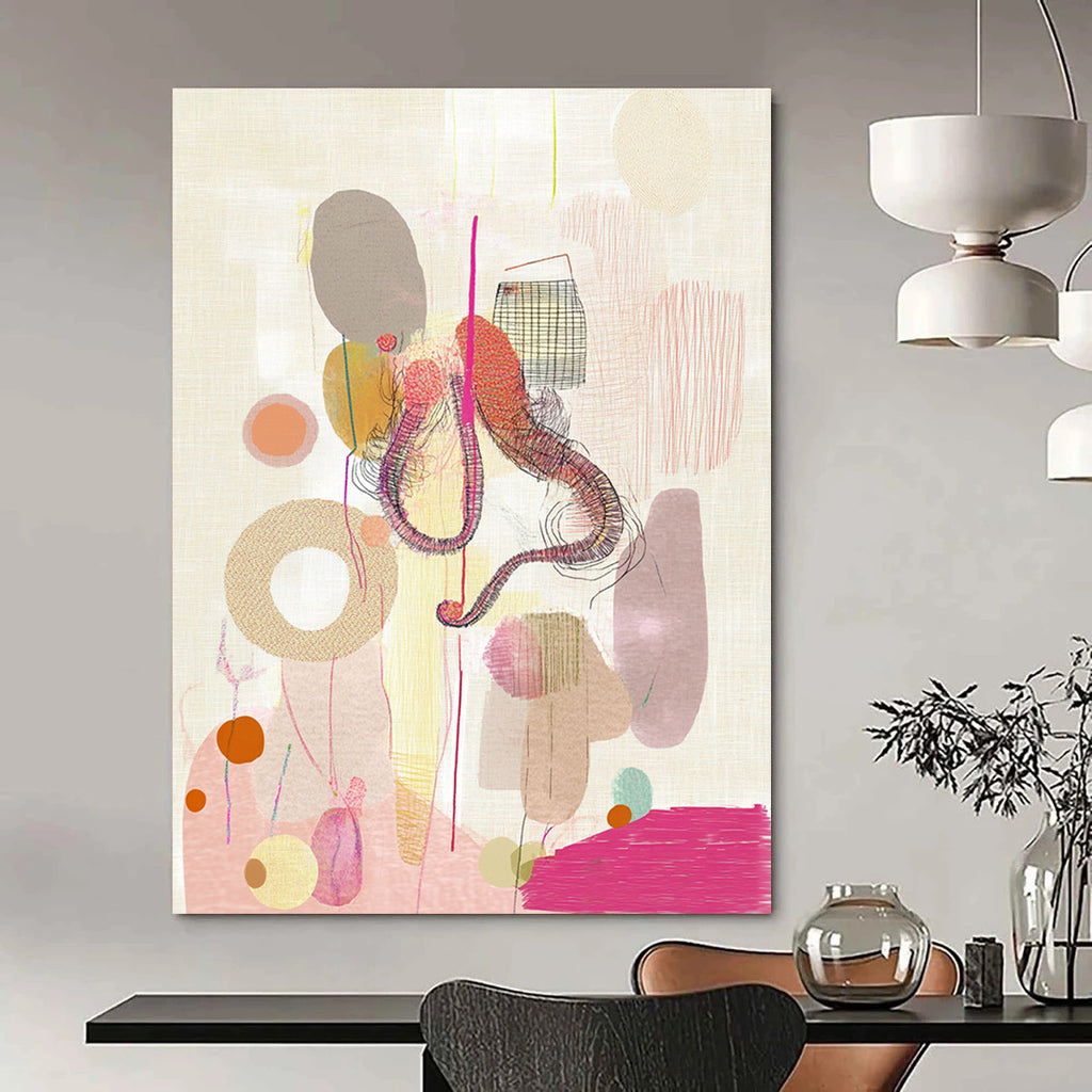 Abstract painting featuring shapes and organic forms with a whimsical octopus figure climbing a geometric form amidst bubbles and pink stripes.STSC841