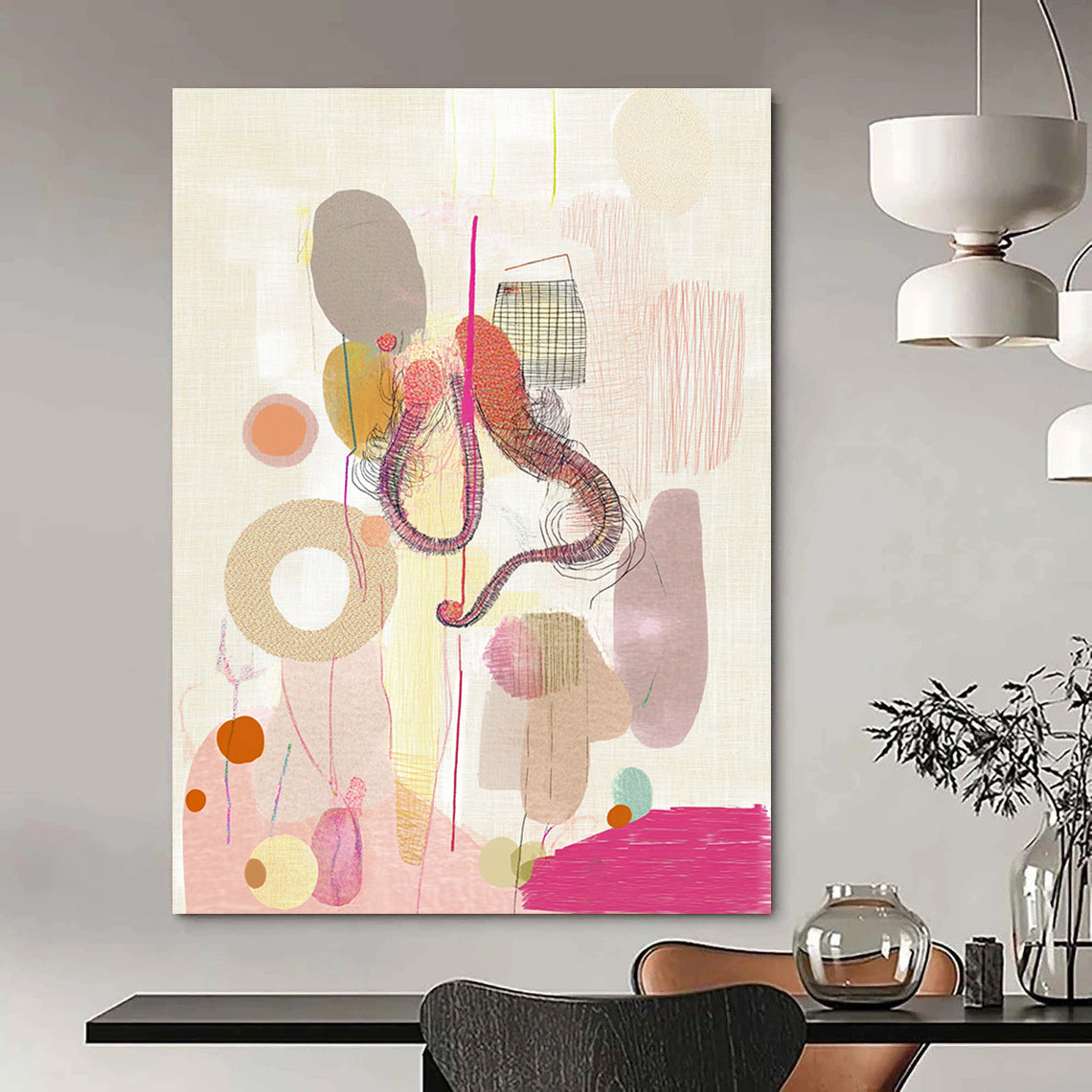 Abstract painting featuring shapes and organic forms with a whimsical octopus figure climbing a geometric form amidst bubbles and pink stripes.STSC841