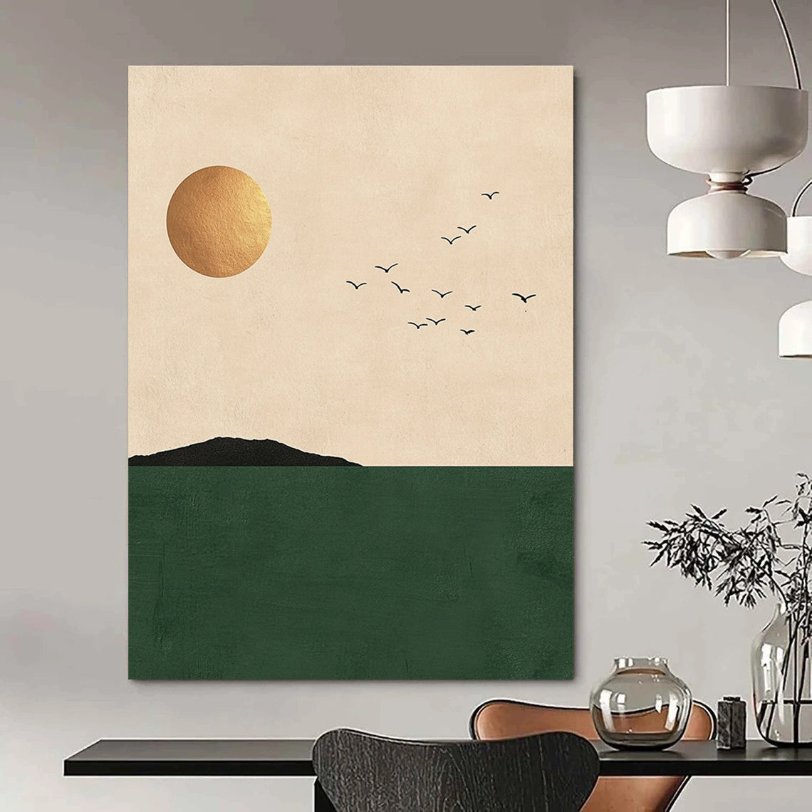 Large abstract painting featuring minimalist Japandi art with a sun and birds over a green sea in a neutral palette with gold accents.STSC1338