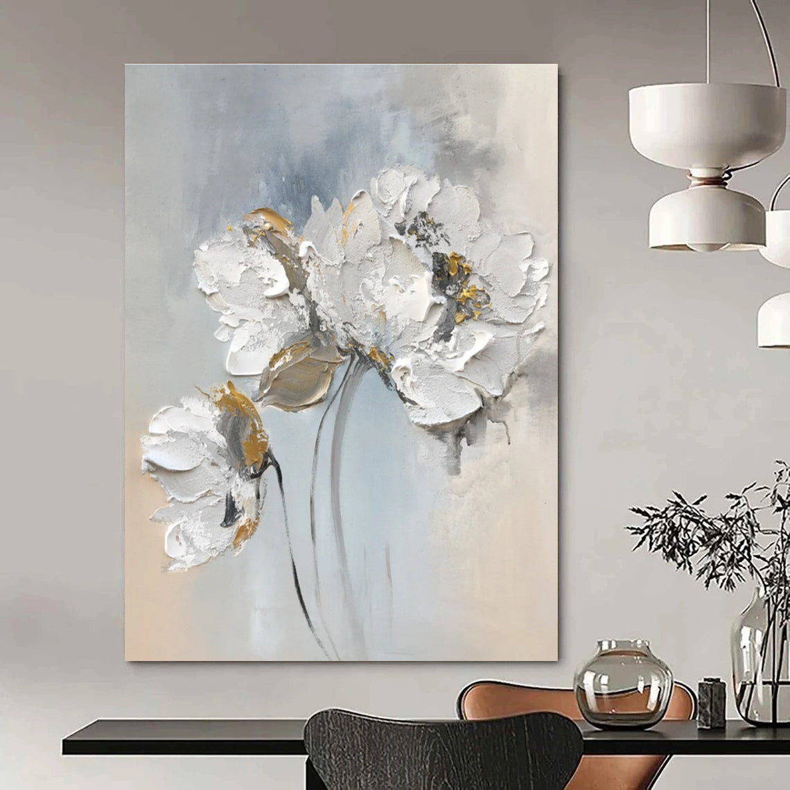 Textured Floral Abstract Painting with Gray and Gold Accents ADGE447