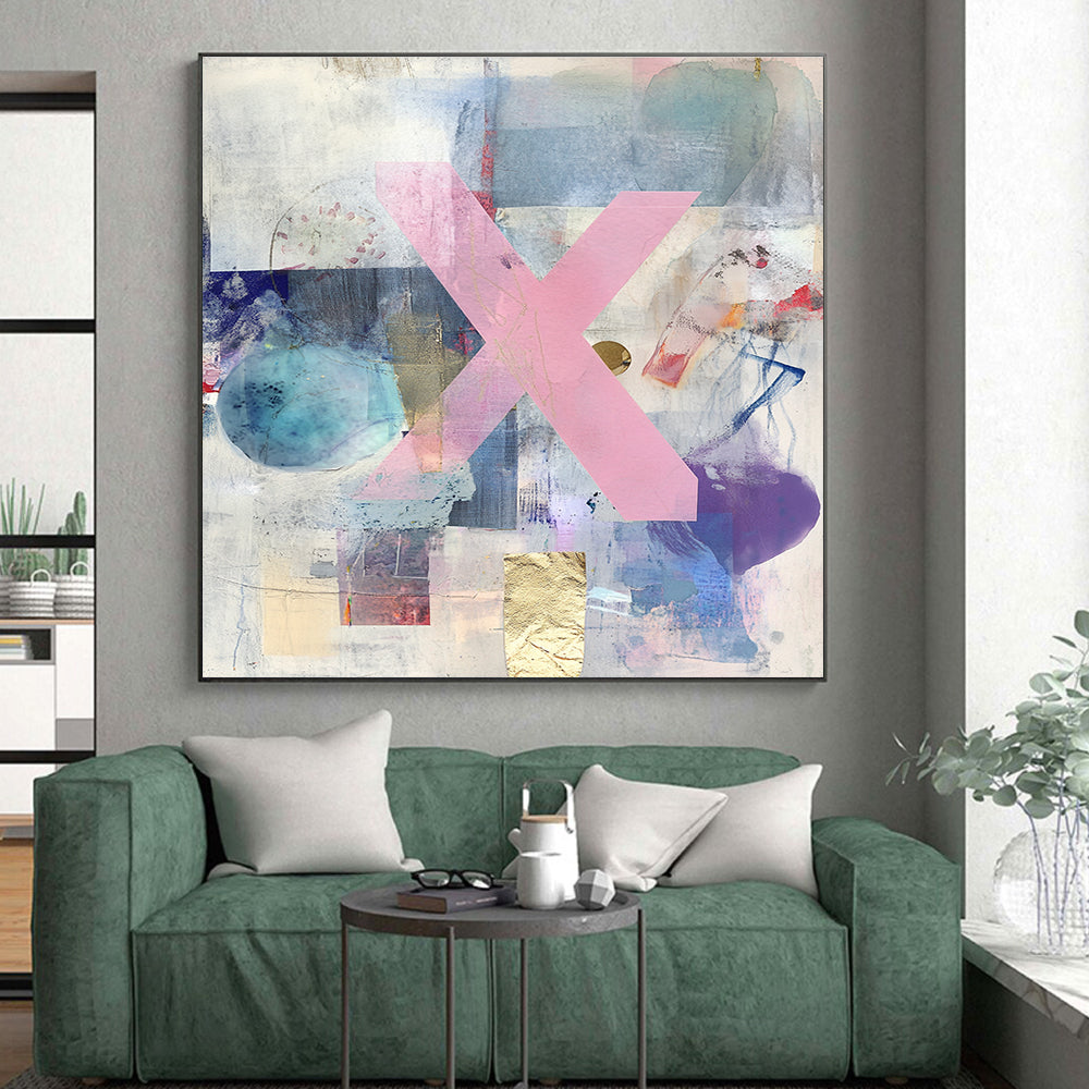 Pink X Collage Abstract Painting with Mixed Media and Gold Accents GER077