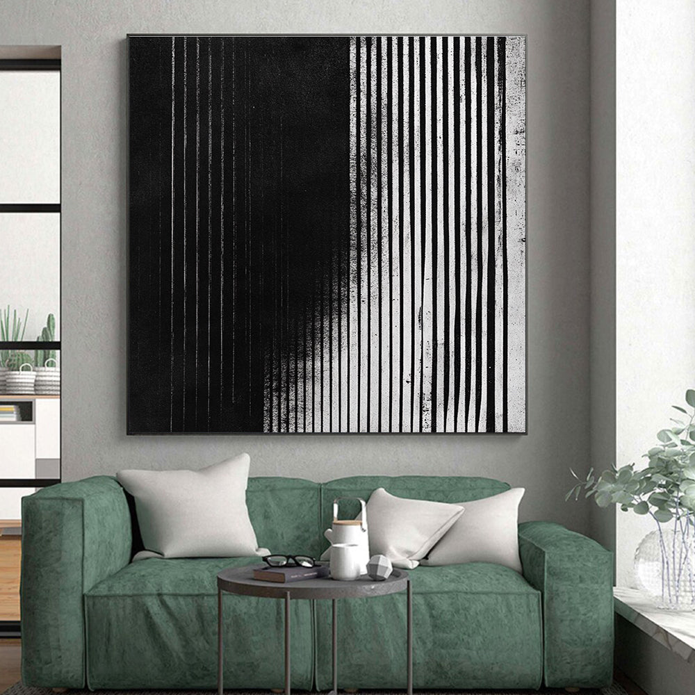 Black and White Vertical Lines Abstract Painting with Textured Surfaces GER013