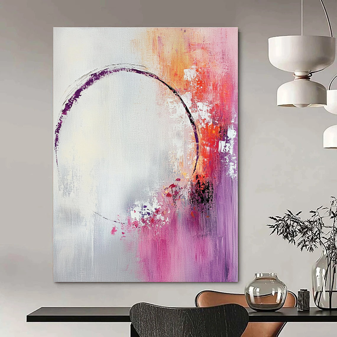 Large abstract painting featuring light pink and white shapes with a soft gray background and tranquil accents of purple and red.STSC429