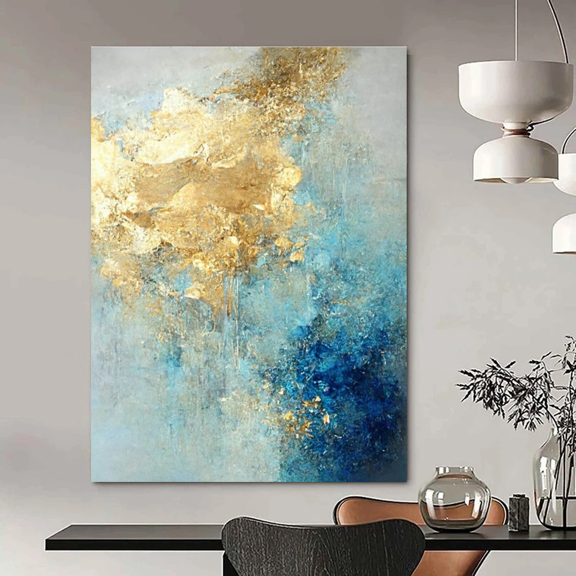 Blue and Gold Abstract Painting with Flowing Textures ADGE071