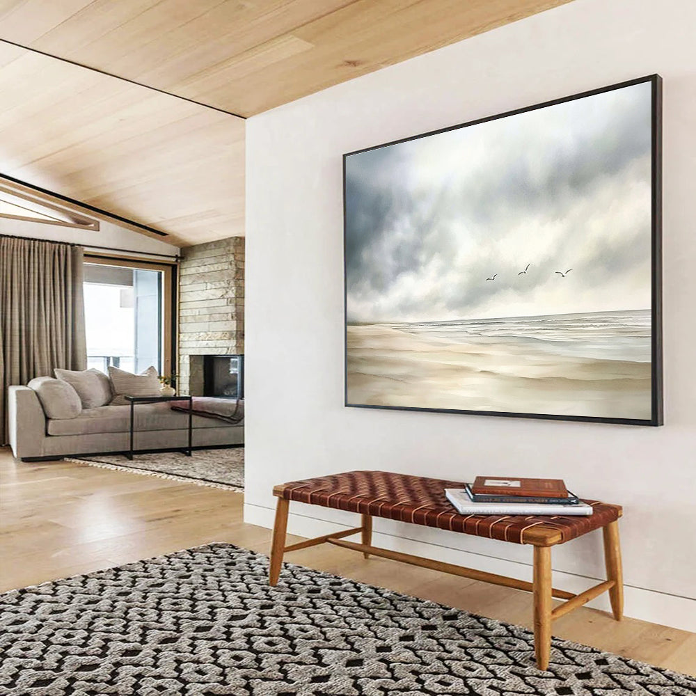 Large abstract watercolor depicting a calm beach scene with muted colors, seagulls in the distance, and a soft cloudy sky on a white background.SC616