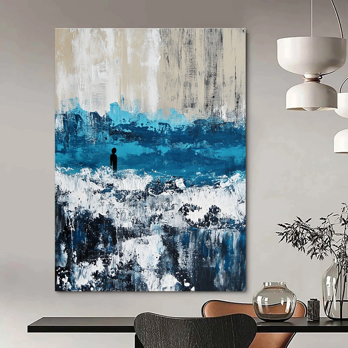 Large abstract painting of an ocean with waves in blue and gray featuring white caps for a serene coastal ambiance.STSC266