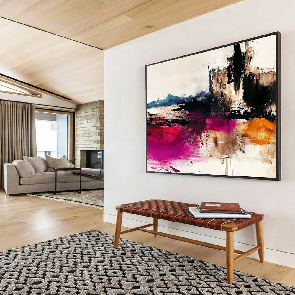 Large abstract painting depicting the desert with dark whites light beiges colorful ink washes and bold brushstrokes in high-resolution detail.SC046