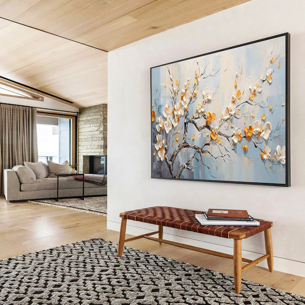 Flowering Tree Abstract Painting with White, Orange, and Blue Tones THY202