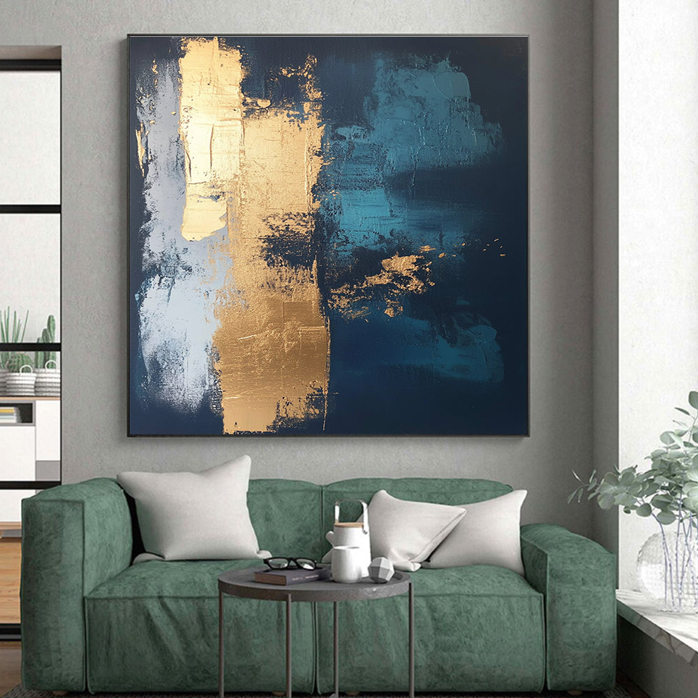 Dark Blue and Gold Abstract Painting with Bold Textures GER372