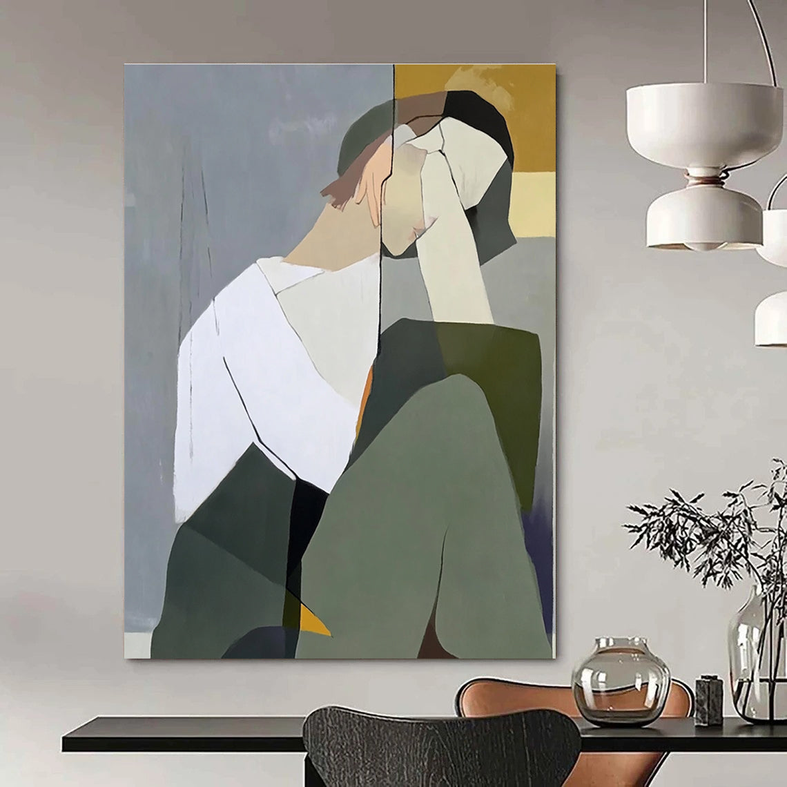 Large abstract painting of a woman with a white shirt and green jacket against a gray-blue background with light yellow accents and visible brushstrokes.STSC1114