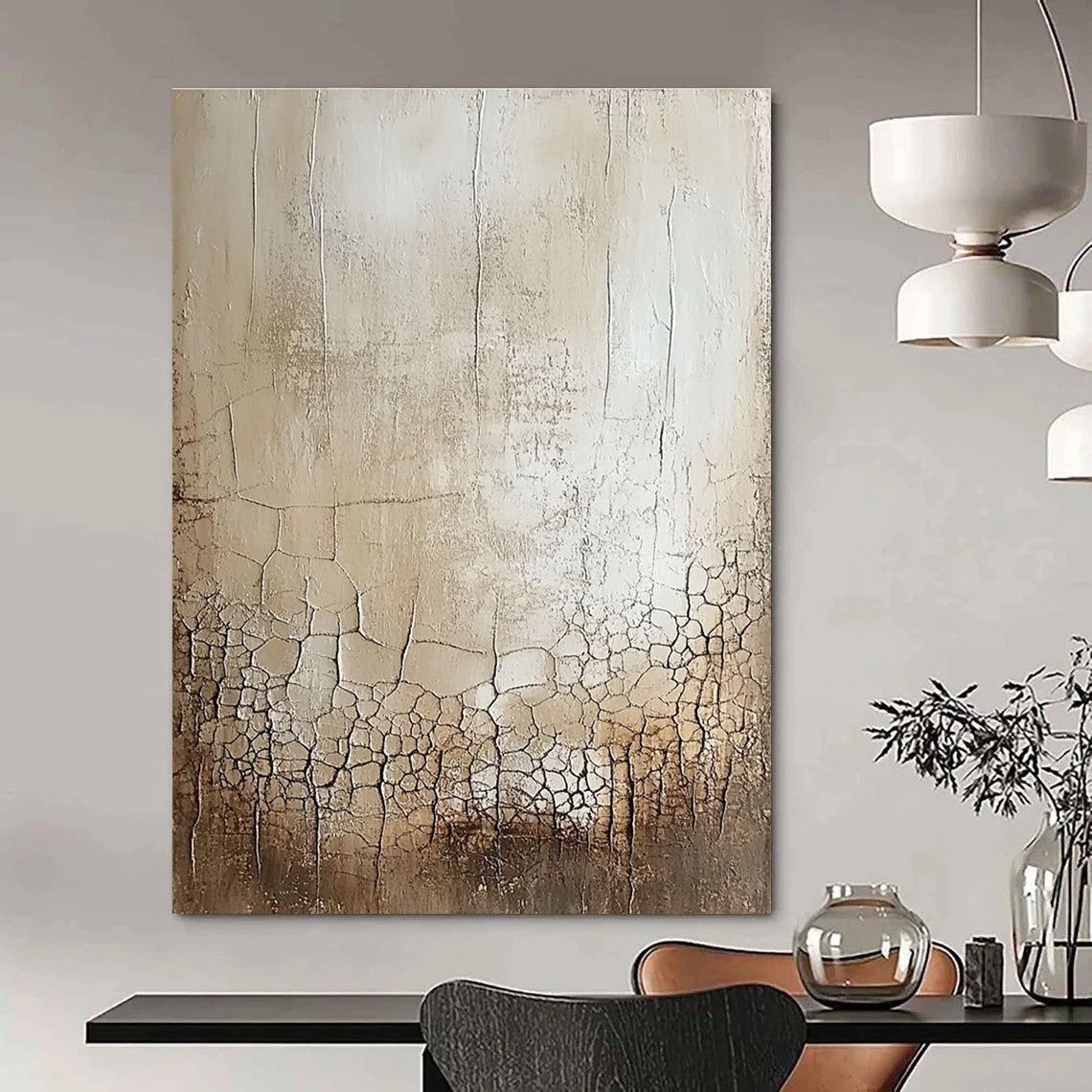 Large abstract painting featuring a blank canvas with a delicate white glaze showcasing random cracks and swirls in beige and gray shades.STSC292