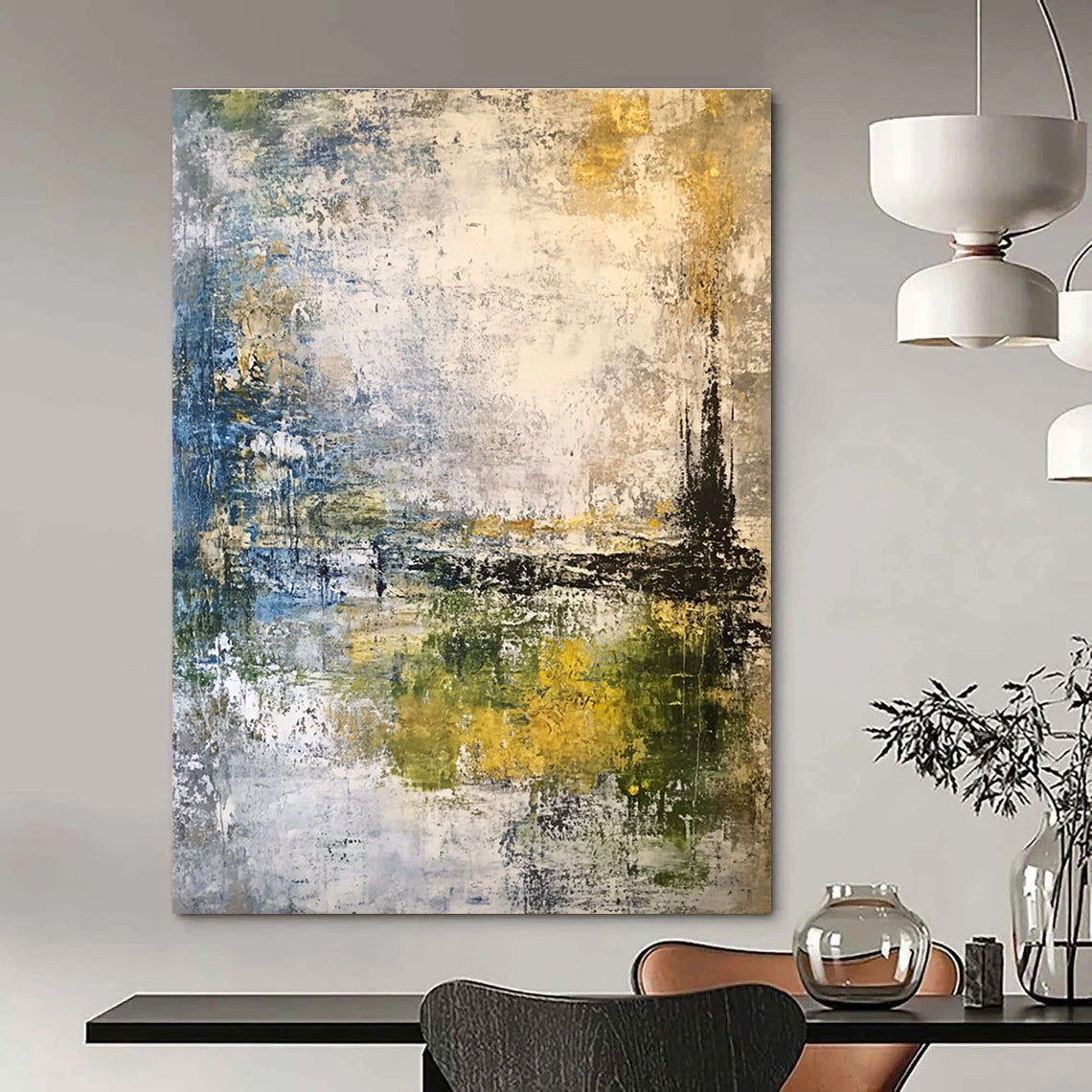 Large abstract painting featuring a misty sky and landscape in muted gray blue green and yellow-brown tones using mixed media techniques.STSC210