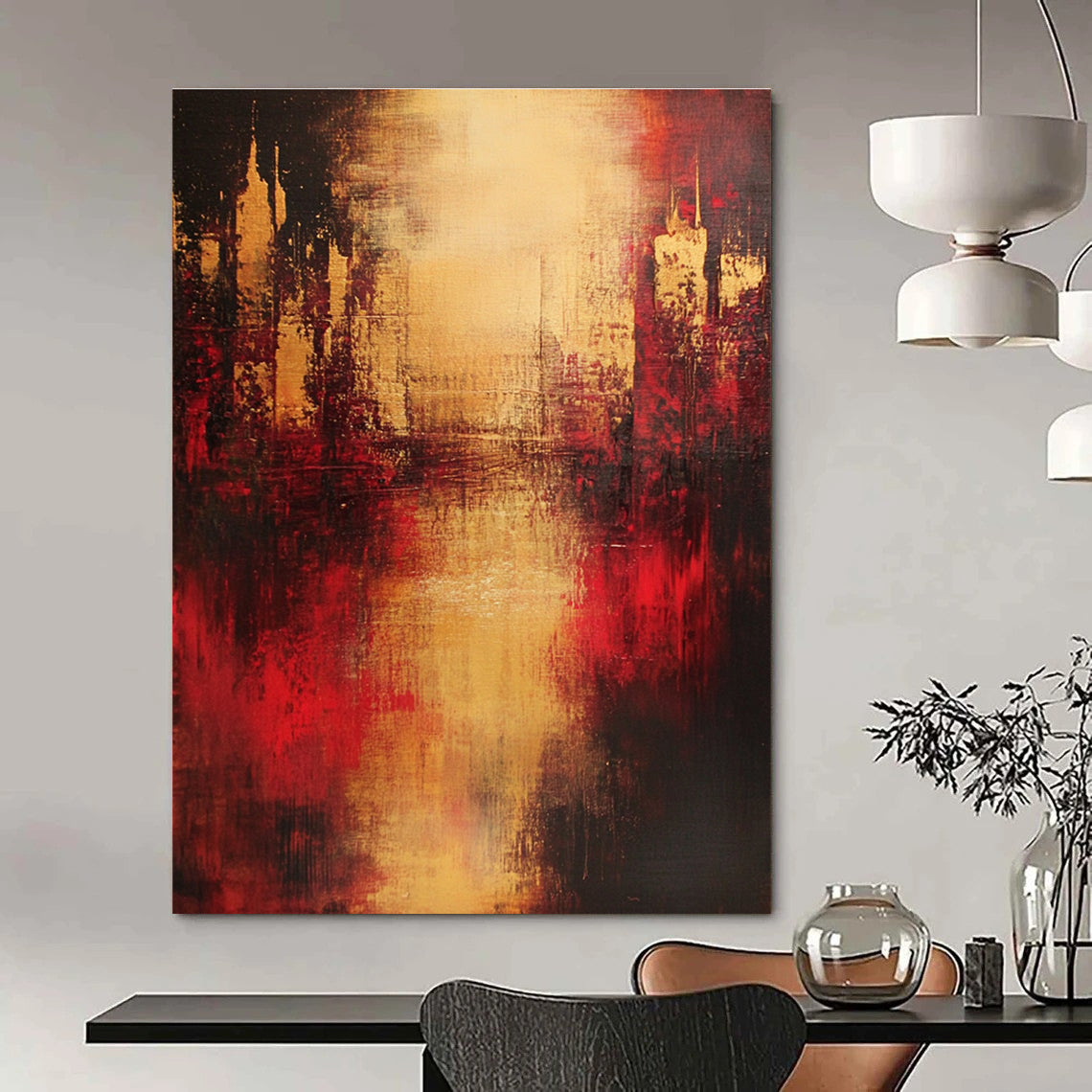 Large abstract painting in red and gold on a dark background with blurred buildings smoke rising and emotional expression of life's pain.STSC444