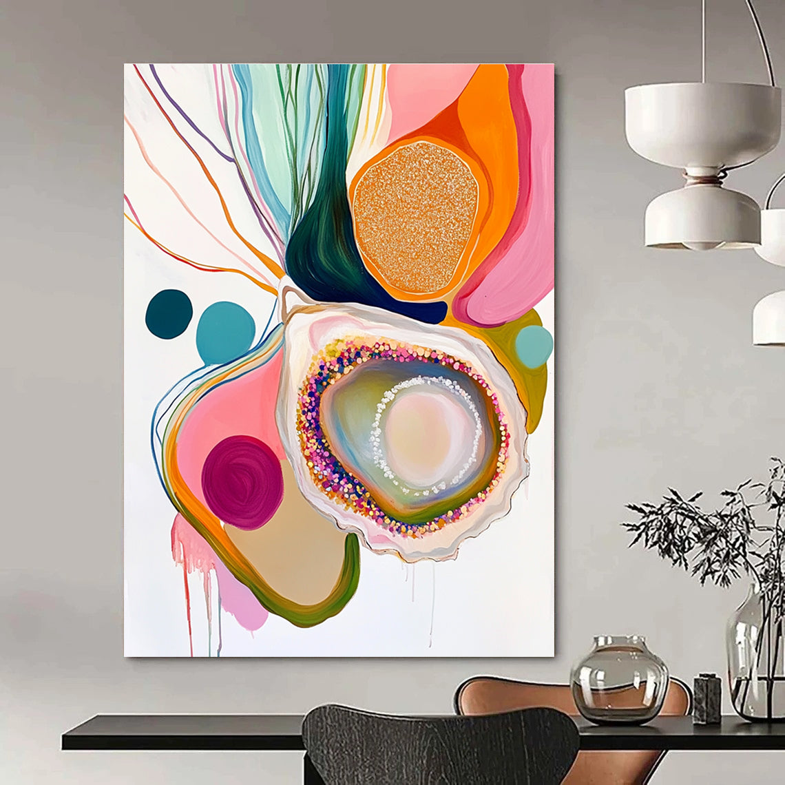 A large abstract painting featuring an oyster with glitter pastel colors on a white background surrounded by colorful organic shapes and patterns.STSC665