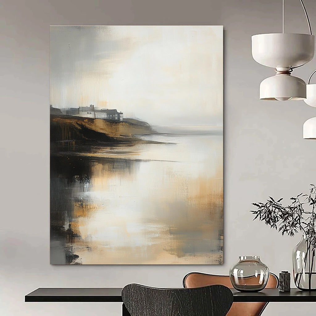Large abstract oil painting of a misty coastal landscape in neutral tones with subtle gold highlights and low contrast colors.STSC589