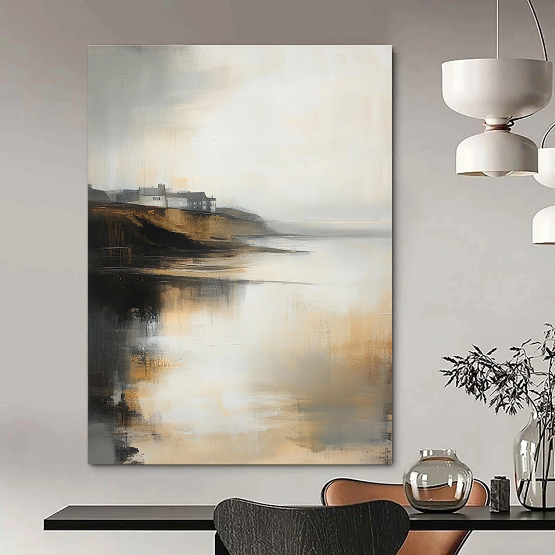 Large abstract oil painting of a misty coastal landscape in neutral tones with subtle gold highlights and low contrast colors.STSC589