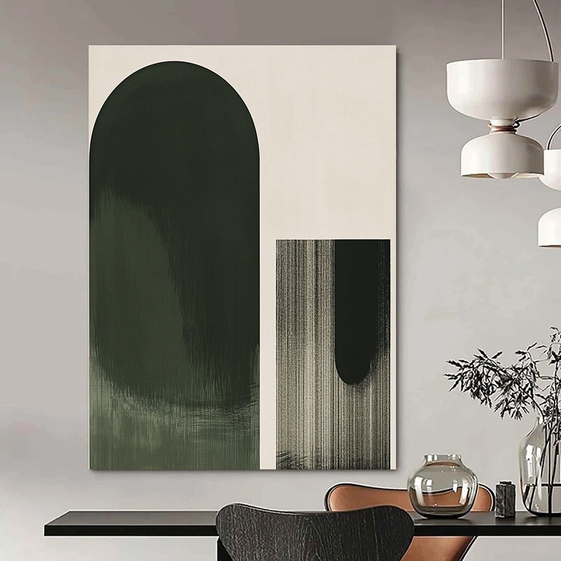 A large abstract green oval contrasts elegantly against a light gray background with a simple black geometric outline in front.STSC1031
