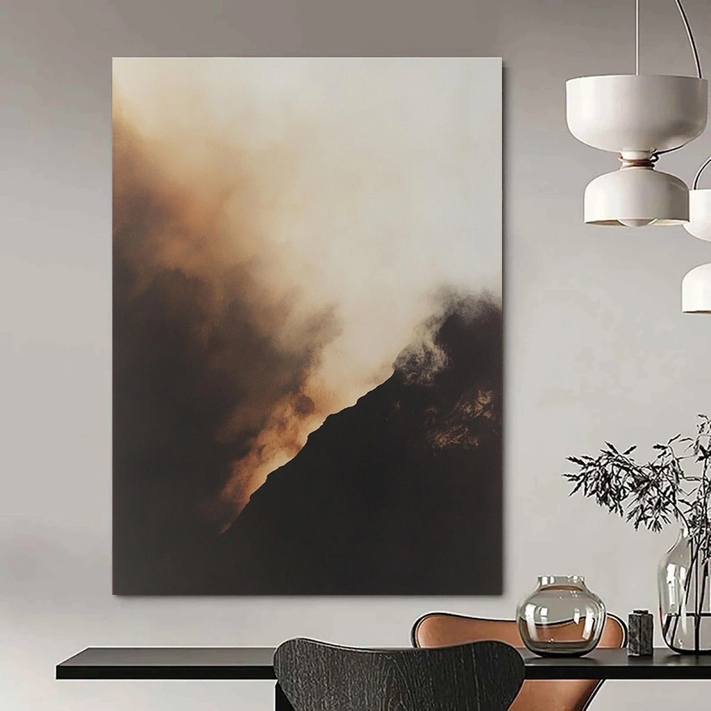 Large abstract painting of smoke rising in a misty atmosphere with a black mountain and golden glow capturing muted tones and hyperrealistic details.STSC698