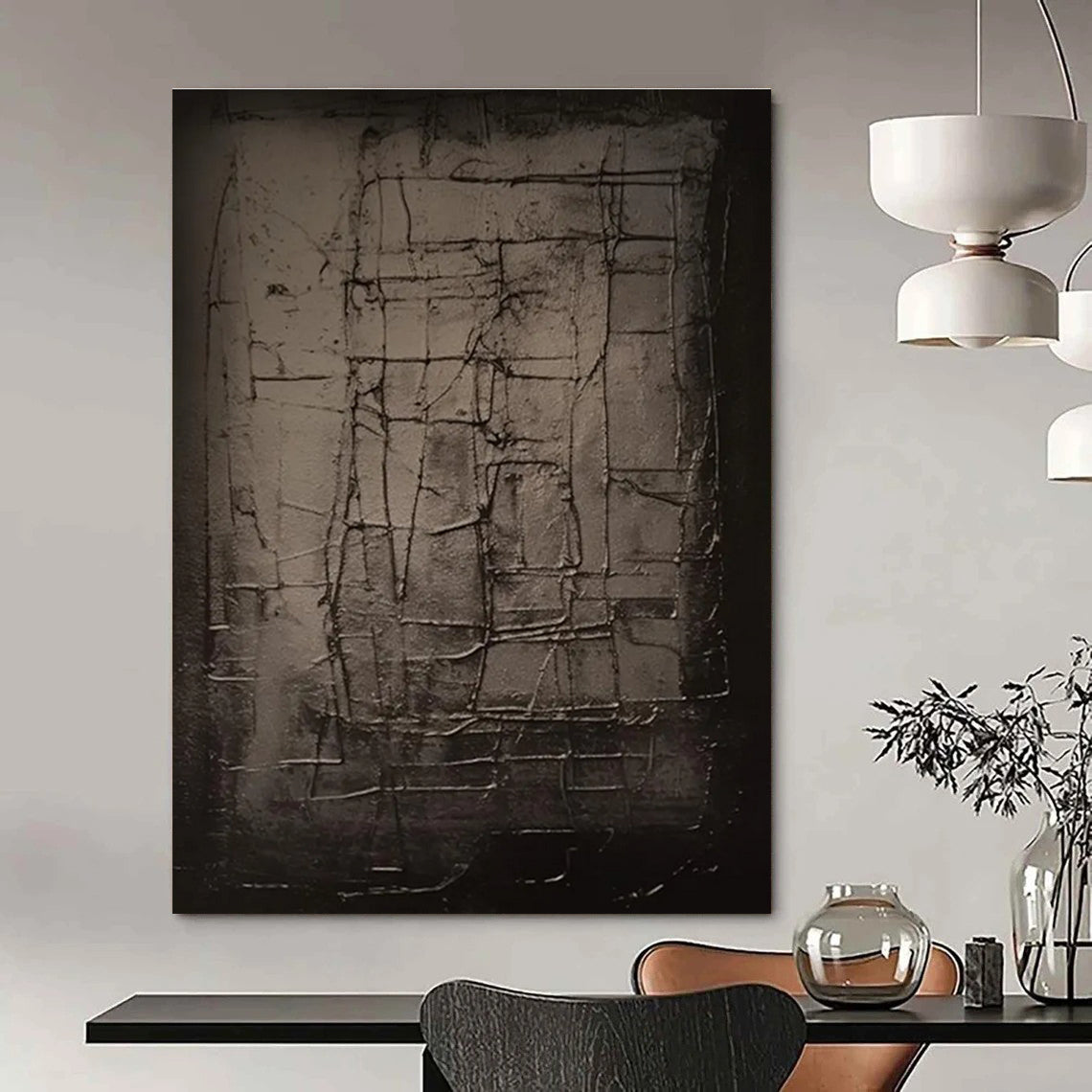 Dark Grid - Textured Abstract Painting with Subtle Tones ADGE450