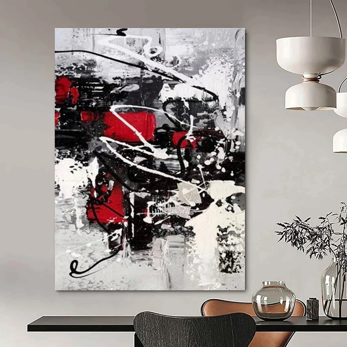 Red - Accented Black and White Dynamic Abstract Painting ADGE383