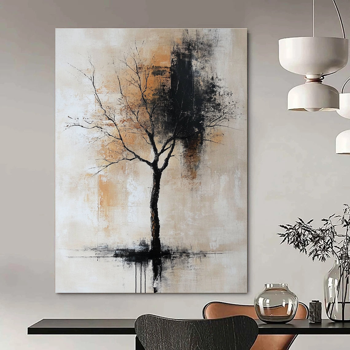 Large abstract painting in neutral gray beige and black hues reminiscent of vintage oil art. Perfect for contemporary decor.STSC837