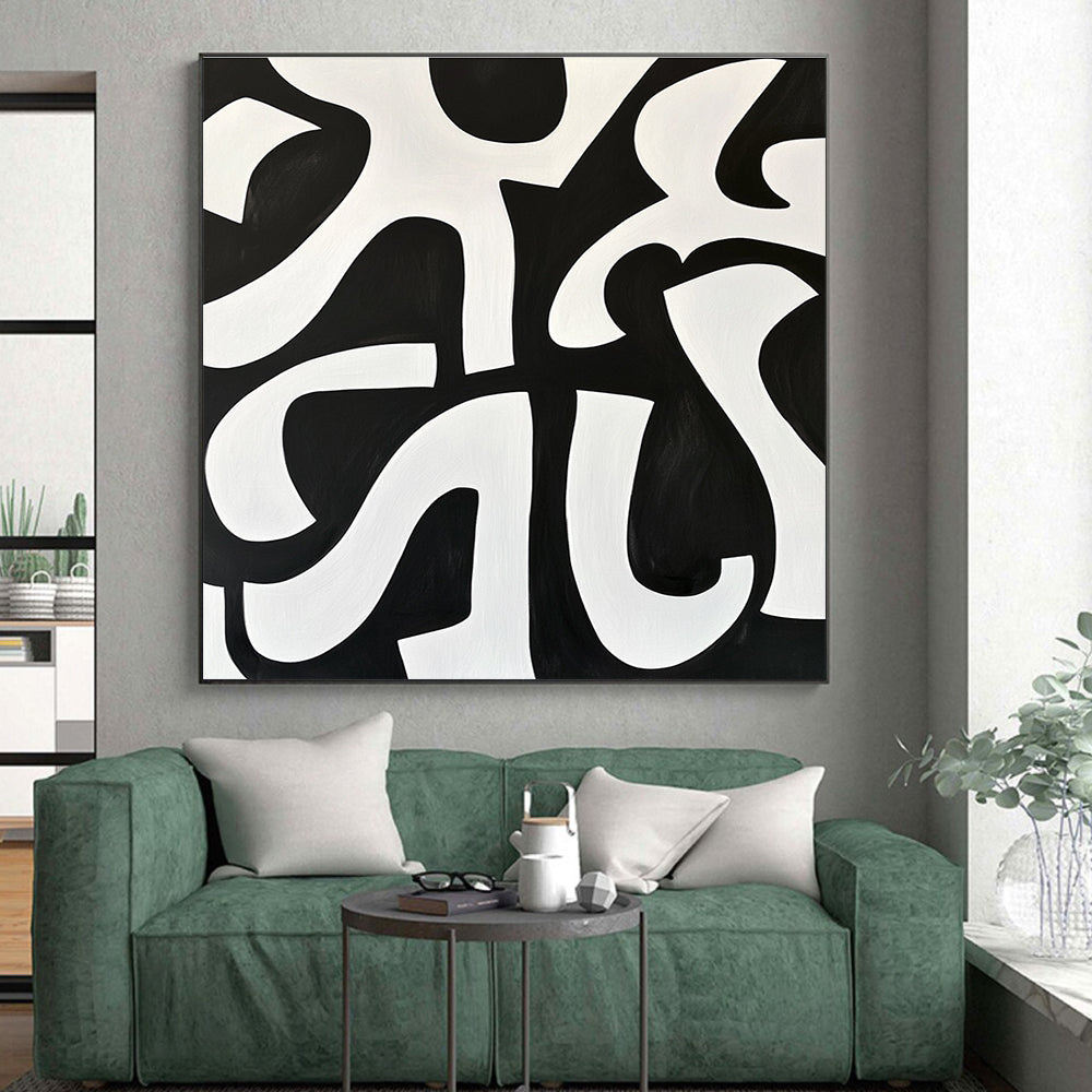 Bold Black and White Curved Abstract Painting GER236