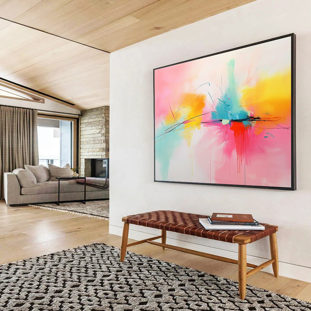 Large abstract painting in pink, yellow, and turquoise featuring dynamic lines and shapes for a vibrant artistic touch.SC144