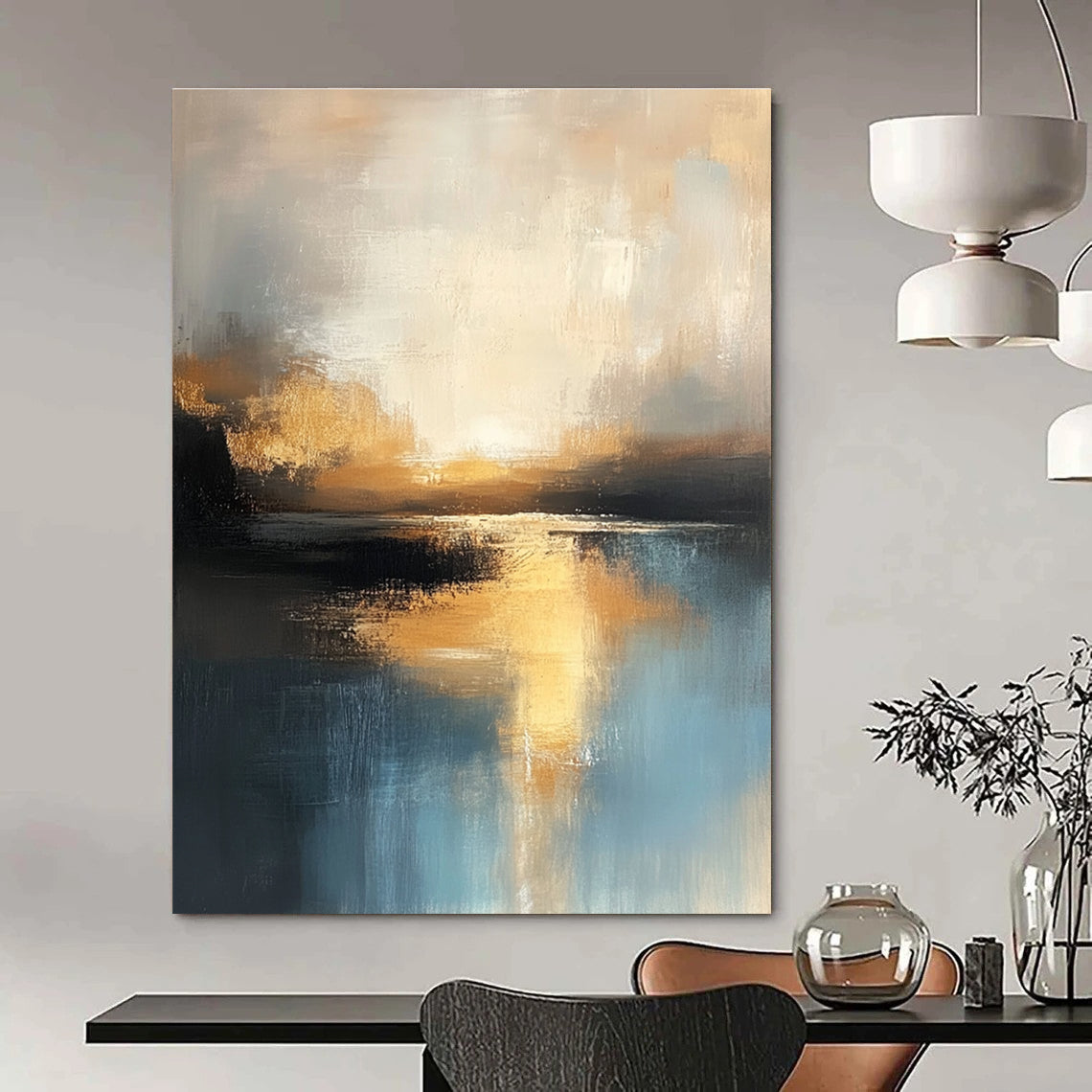 Large abstract oil painting of the sea in muted light blue and dark beige hues capturing the golden hour with textured brushstrokes and reflective water.STSC198