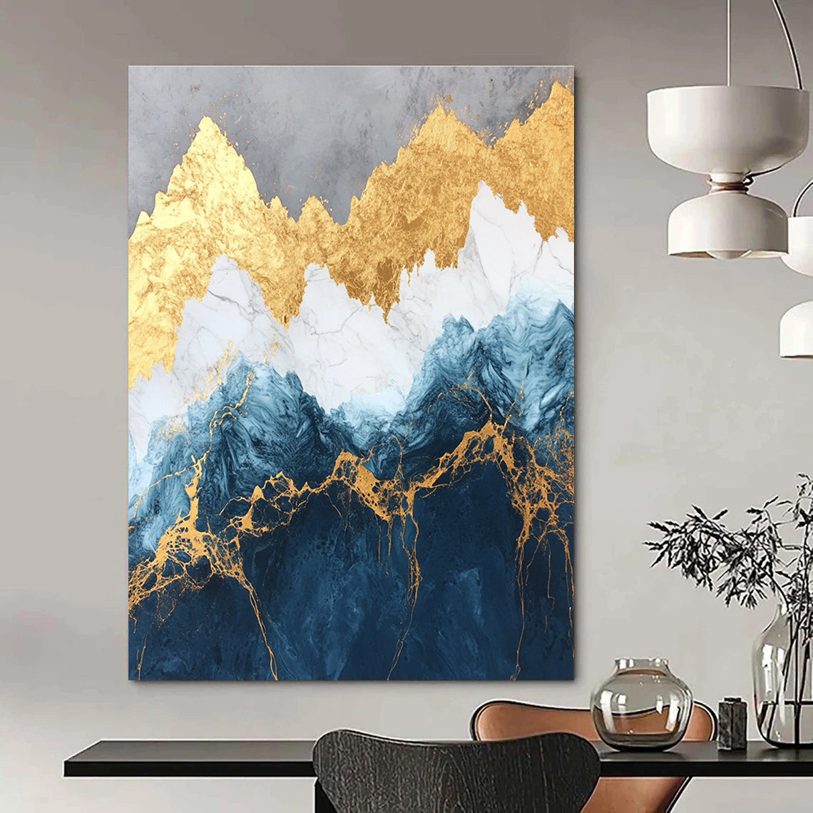 Large abstract marble and gold painting of mountains in deep blue and white with golden accents showcasing luxurious texture and detailed elegance.STSC123