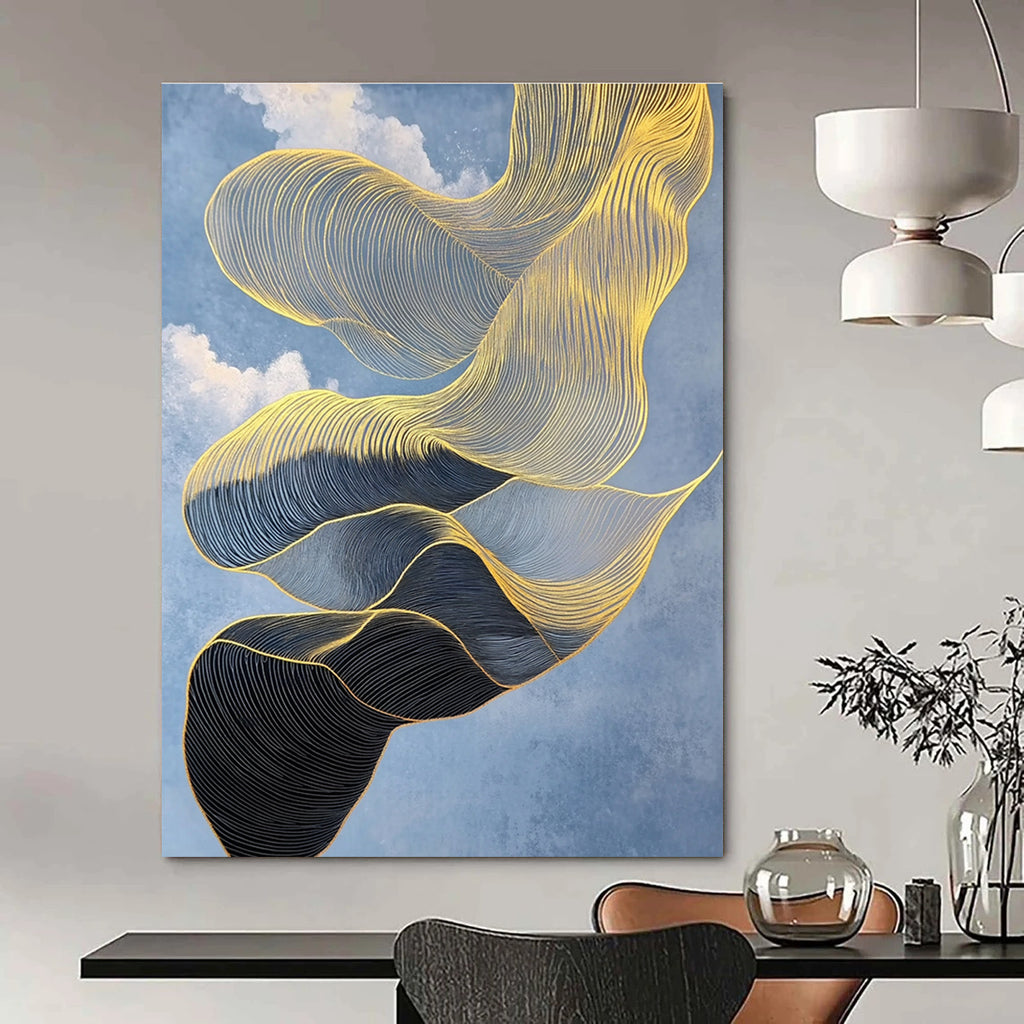 An Abstract Artwork Featuring An Elegant Gold And Black Scarf Floating Against A Crisp Blue Sky With Intricate Details And High Contrast.STSC1283