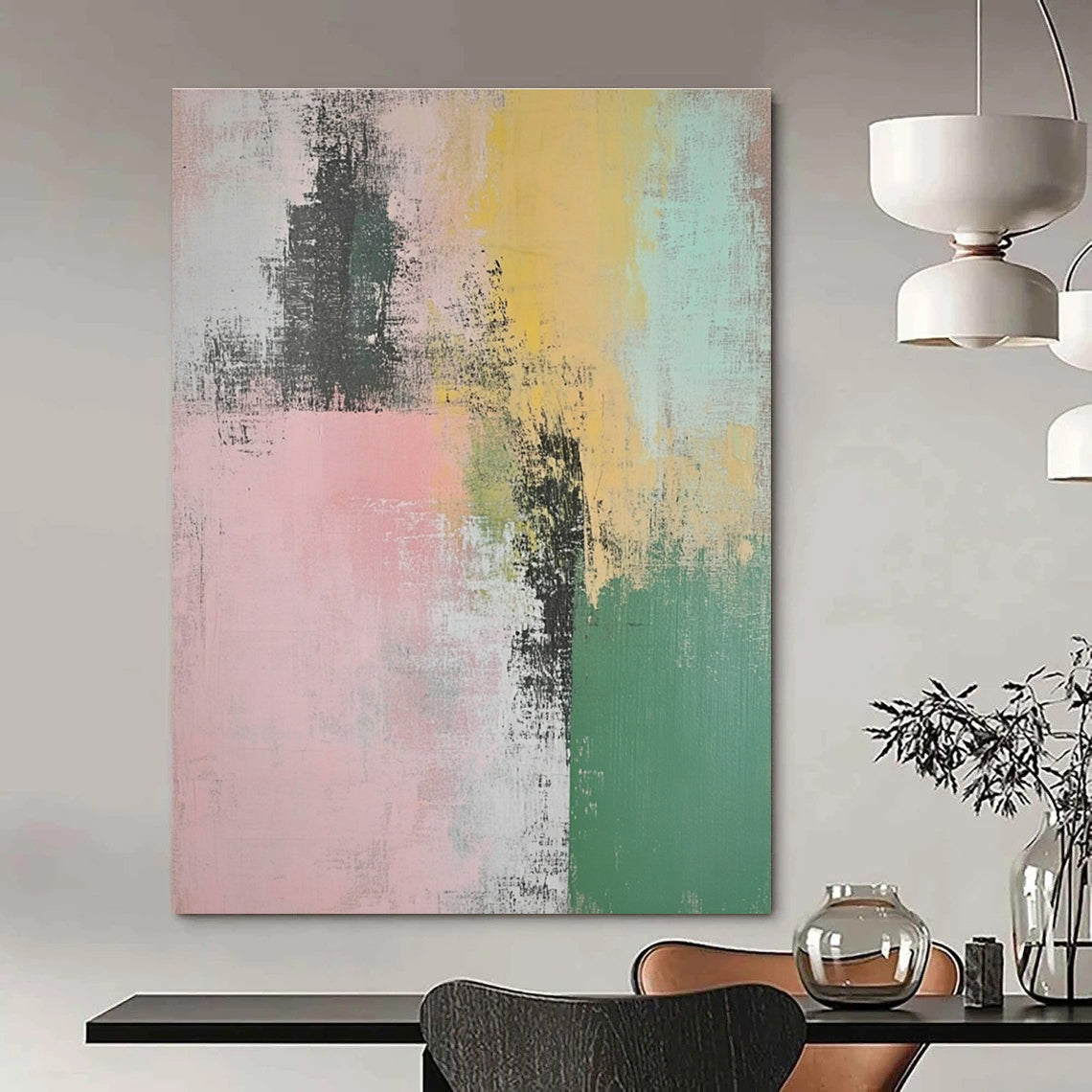 Large abstract painting featuring muted pastel greens pinks and yellows with organic brush strokes showcasing Paige Sessoms' poetry elegantly intertwined.STSC774