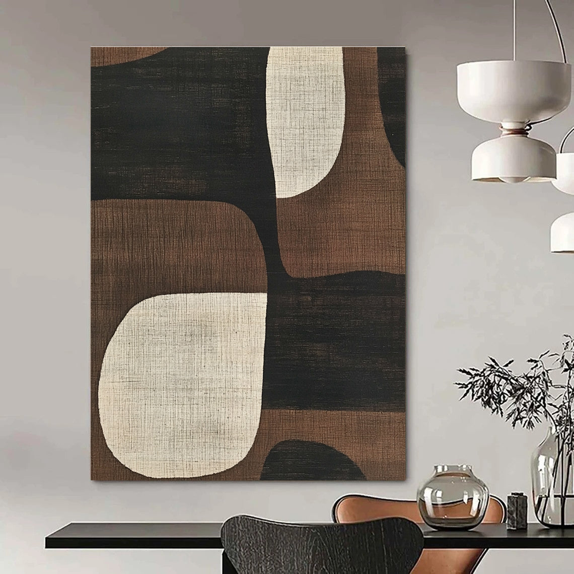 Abstract artwork featuring mid-century modern designs with simple shapes in neutral tones of black brown beige and white enhancing any space.STSC1320