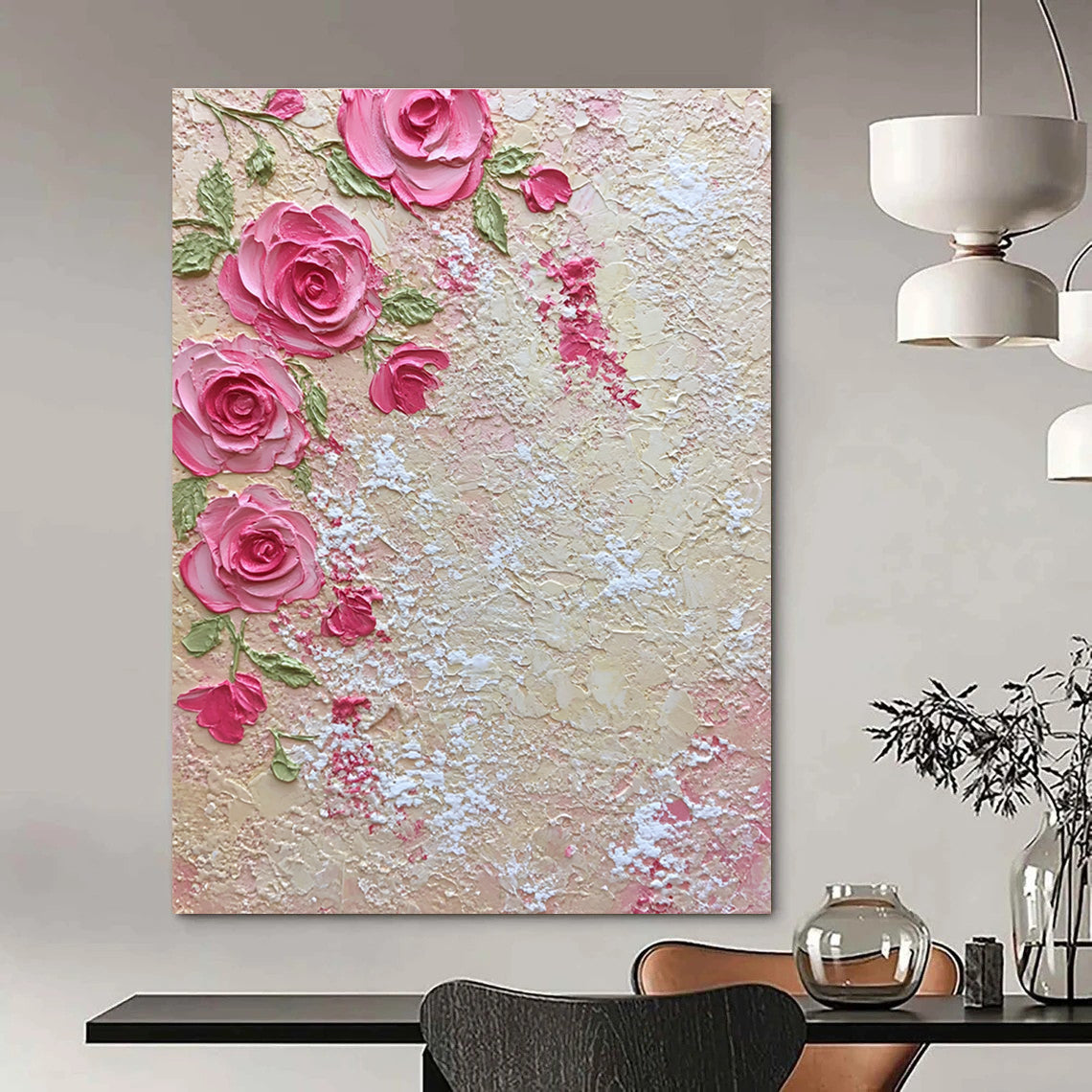 A large abstract painting featuring pink roses and green leaves with lace-like textures evokes romance and elegance for home decor.STSC931